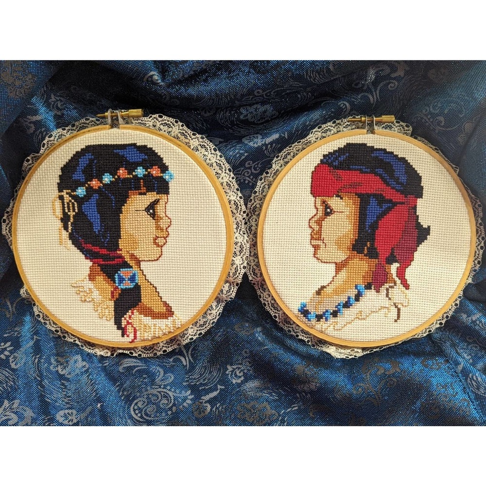 Pair of Vintage Sunset Designs Finished Cross-stitch Girl & Boy Hoops (1984)